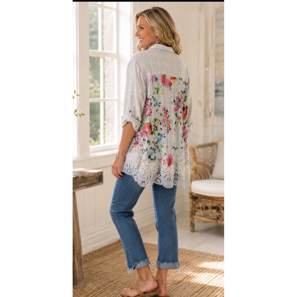 Soft Surroundings Tunic Shirt Women's L Floral Lace Back Boho Artsy Cottagecore